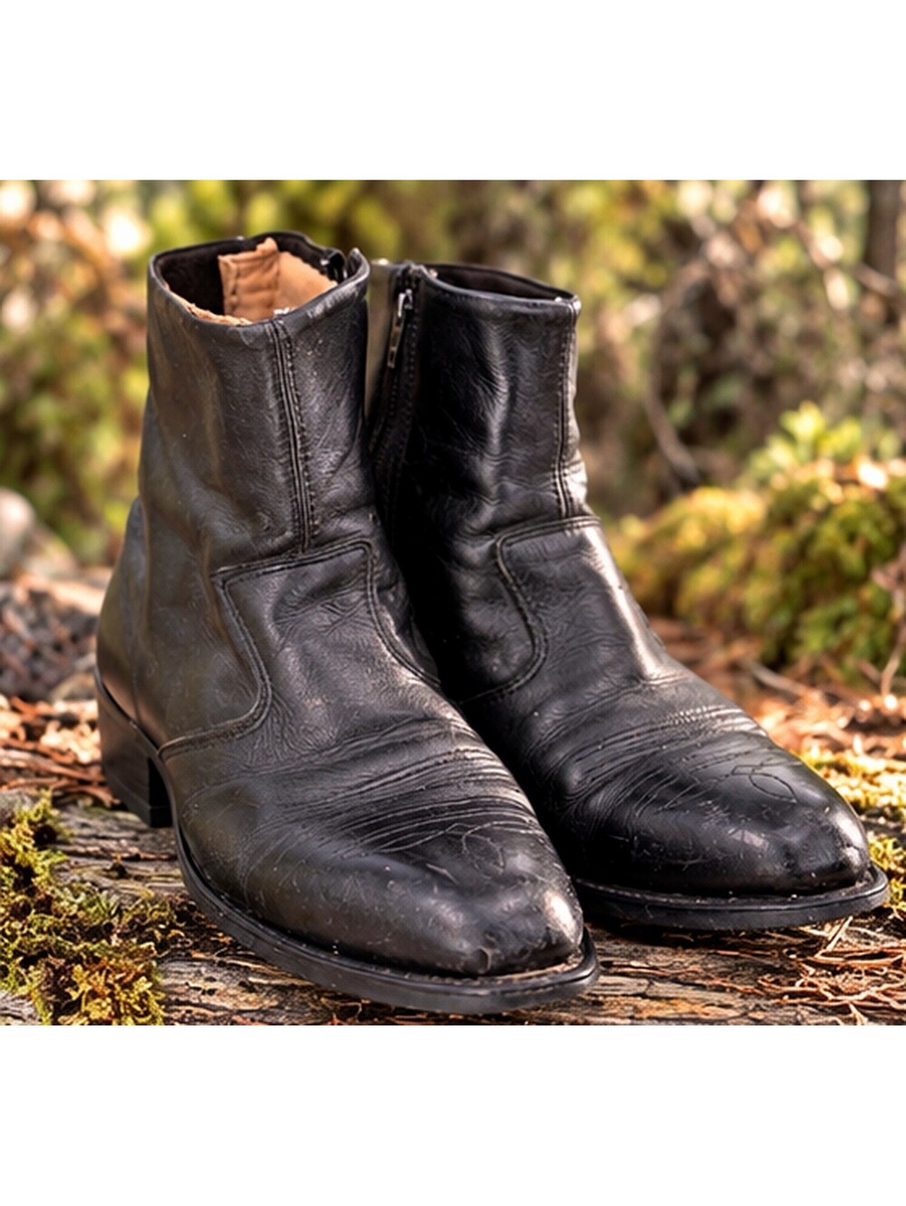 H&H Men’s Black Leather Western Cowboy Boots Size 12 D Side Zip Oil Resistant